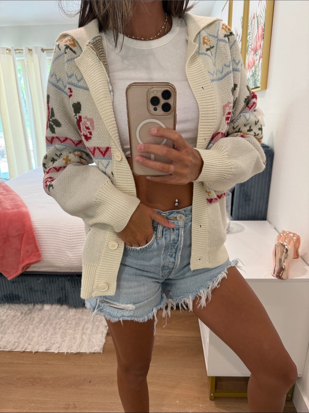 Altar'd State Cream Floral Hooded Knit Cardigan